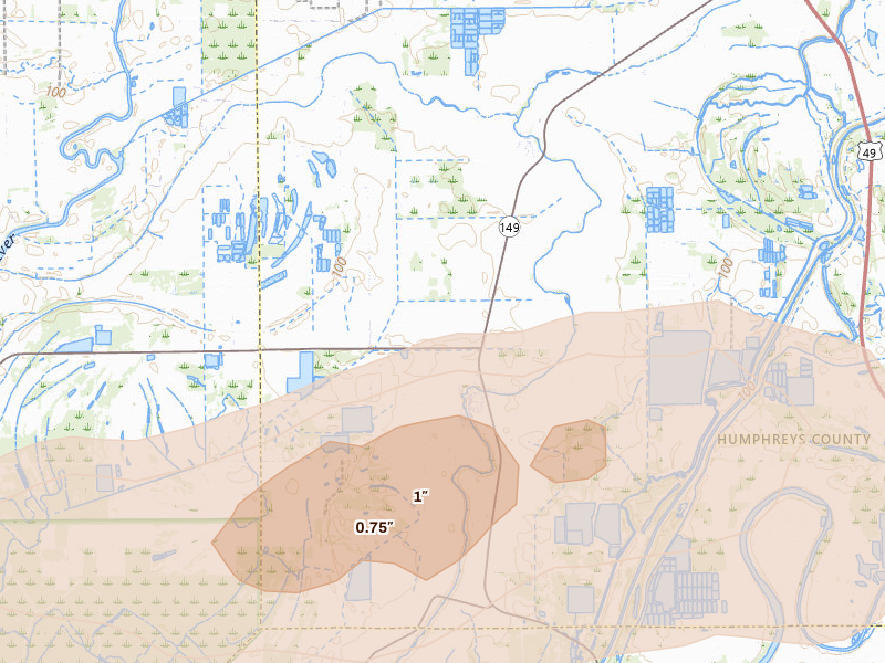 Radar-estimated hail-size map of the storm over Louise, MS on Jun 22, 2026
