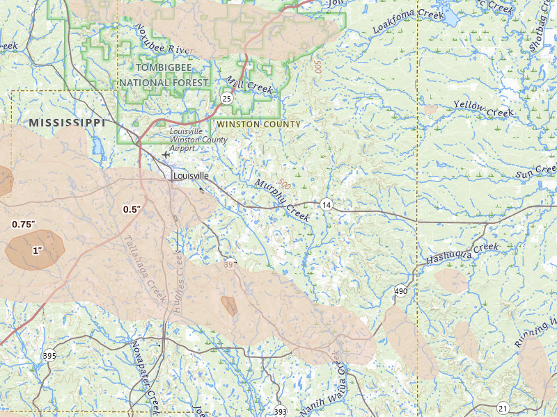 Radar-estimated hail-size map of the storm over Louisville, MS on Apr 28, 2026