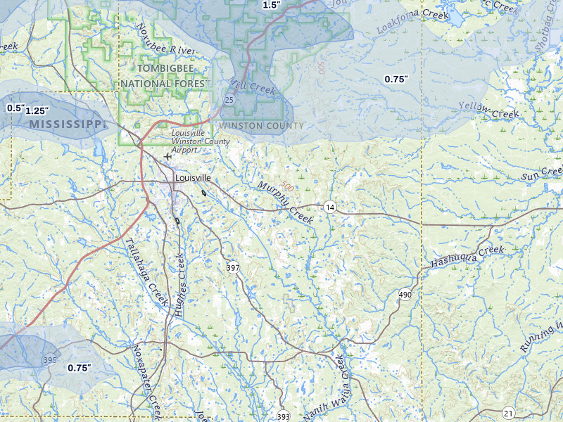 NEXRAD radar-signature map of the hail storm over Louisville, MS on Apr 28, 2026