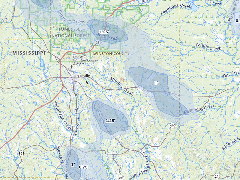 NEXRAD radar-signature map of the hail storm over Louisville, MS on Jun 1, 2026