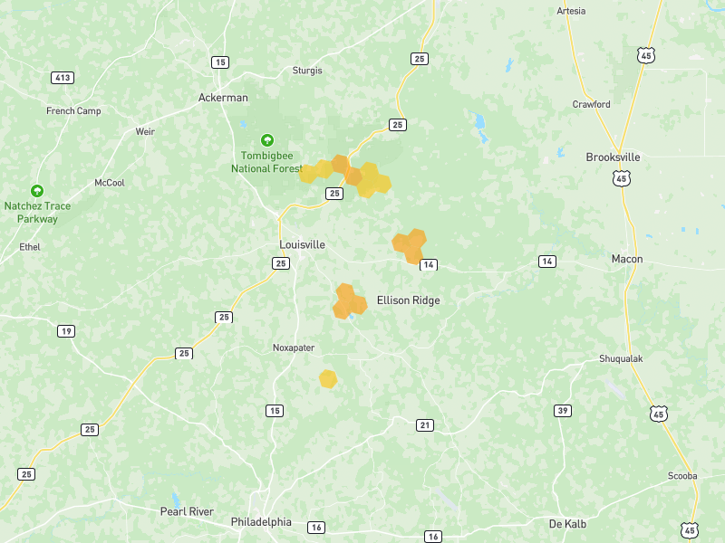 Hail map of Louisville, MS on Jun 1, 2026, hail up to 1.25"