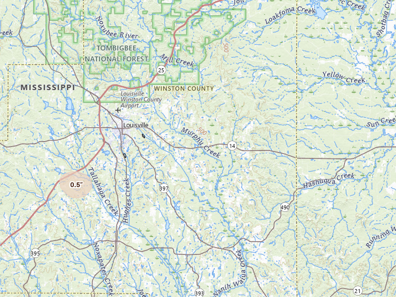 Radar-estimated hail-size map of the storm over Louisville, MS