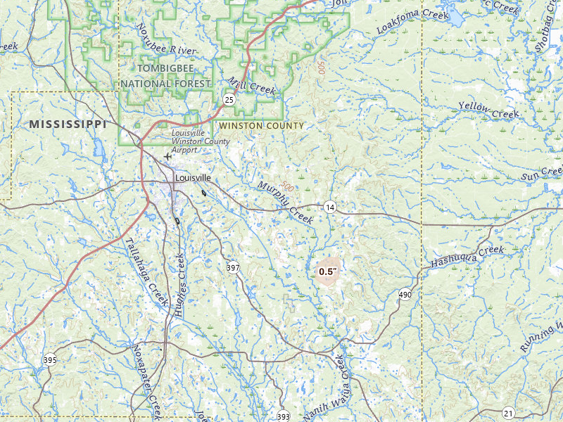 Radar-estimated hail-size map of the storm over Louisville, MS on Jul 20, 2026