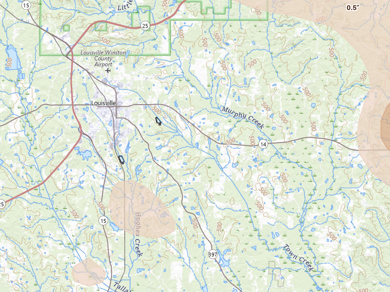 Radar-estimated hail-size map of the storm over Louisville, MS on Aug 18, 2026