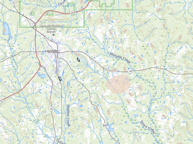 Radar-estimated hail-size map of the storm over Louisville, MS on Aug 19, 2026