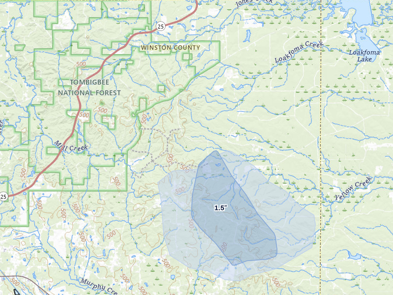 NEXRAD radar-signature map of the hail storm over Louisville, MS on Aug 20, 2026