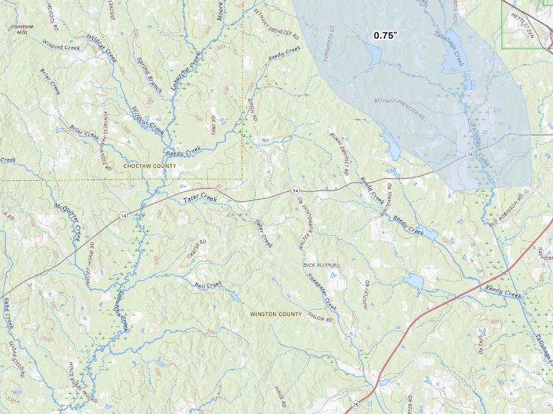 NEXRAD radar-signature map of the hail storm over Louisville, MS on Aug 26, 2026