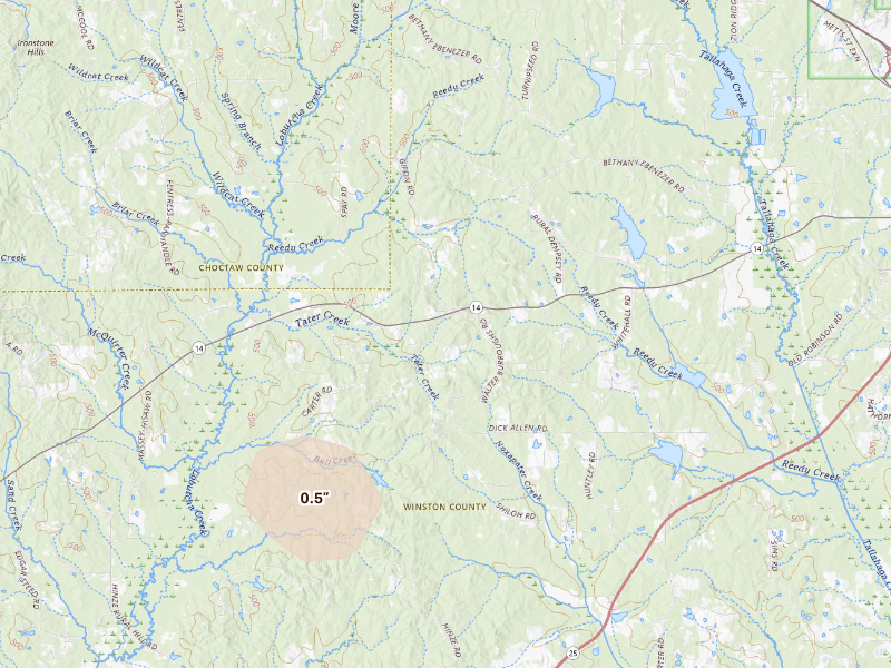 Radar-estimated hail-size map of the storm over Louisville, MS on Sep 12, 2026