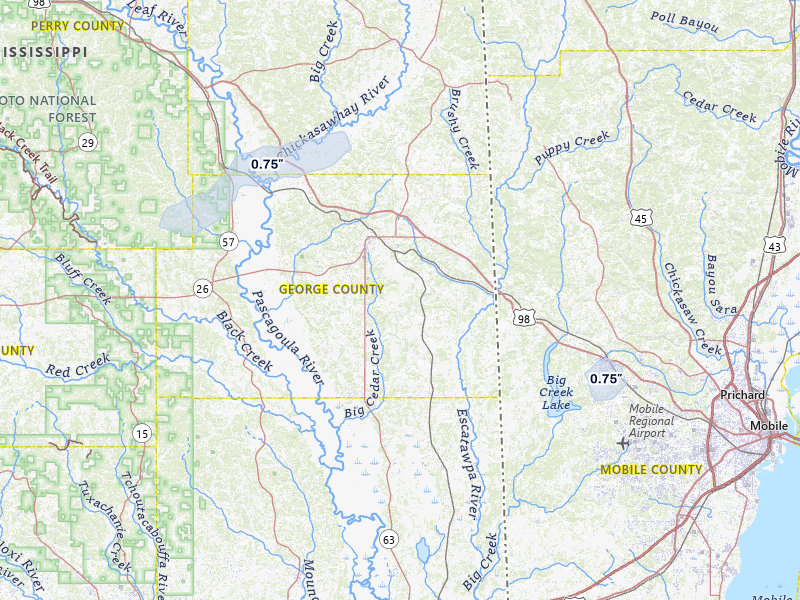 NEXRAD radar-signature map of the hail storm over Lucedale, MS on Mar 7, 2026