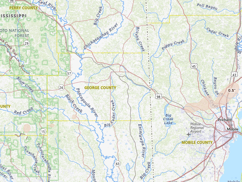 Radar-estimated hail-size map of the storm over Lucedale, MS on Mar 15, 2026