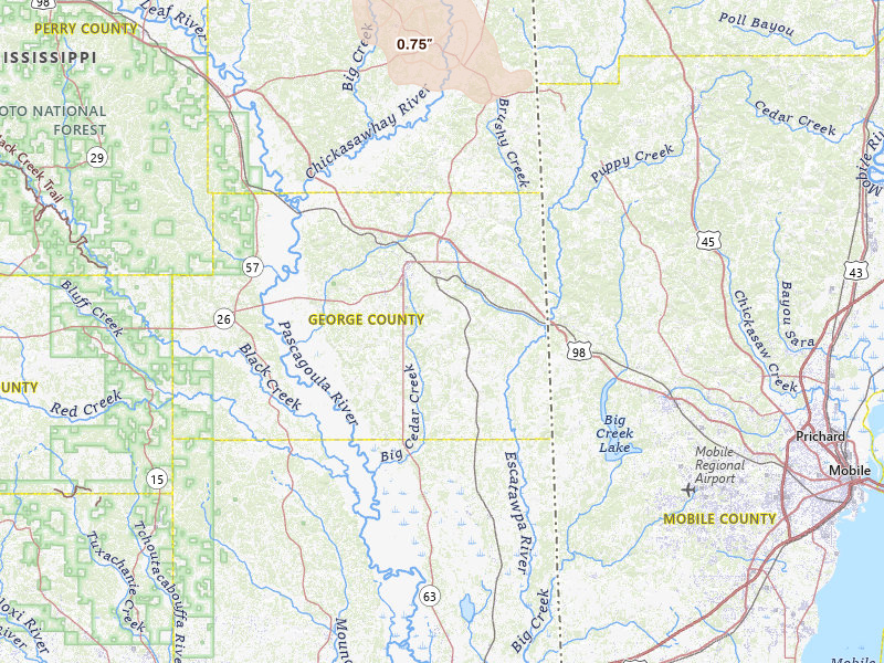 Radar-estimated hail-size map of the storm over Lucedale, MS on Apr 29, 2026