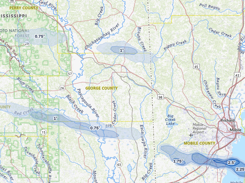 NEXRAD radar-signature map of the hail storm over Lucedale, MS on May 7, 2026
