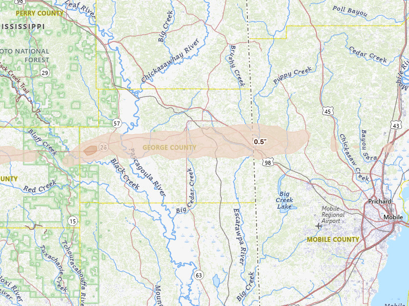 Radar-estimated hail-size map of the storm over Lucedale, MS on May 8, 2026