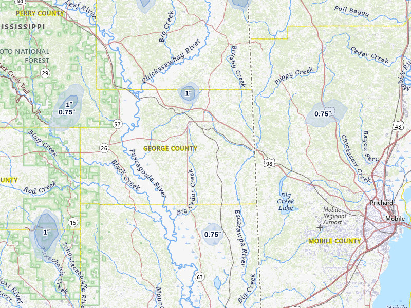 NEXRAD radar-signature map of the hail over Lucedale, MS