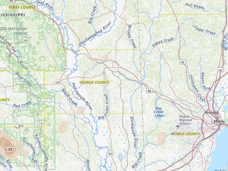Radar-estimated hail-size map of the storm over Lucedale, MS on Jun 24, 2026
