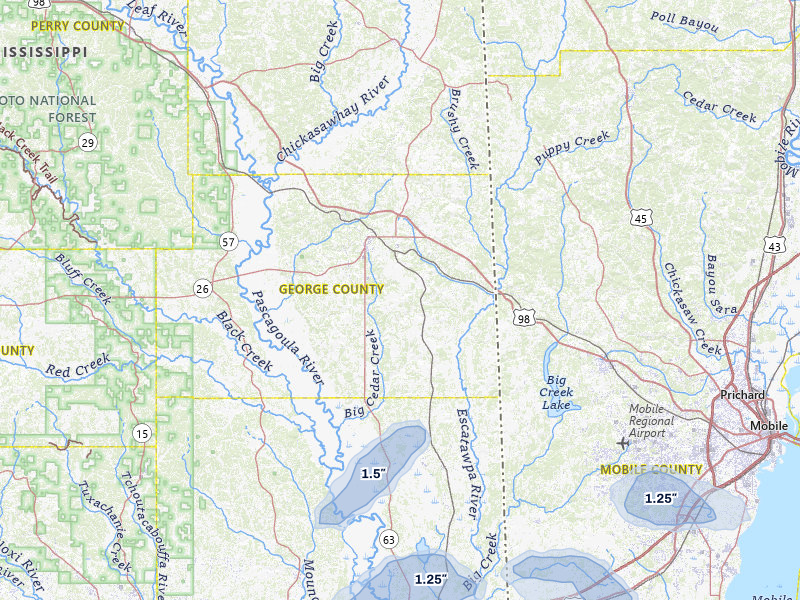NEXRAD radar-signature map of the hail storm over Lucedale, MS on Jun 30, 2026