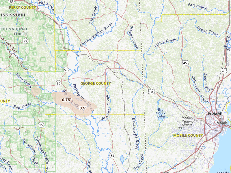 Radar-estimated hail-size map of the storm over Lucedale, MS on Jul 1, 2026