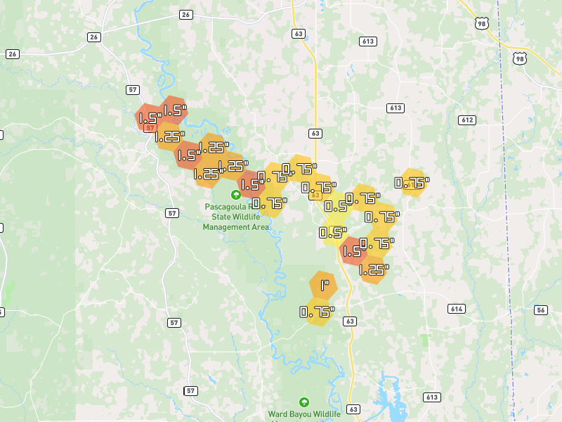 Hail map of Lucedale, MS on Jul 1, 2026, hail up to 1.5"