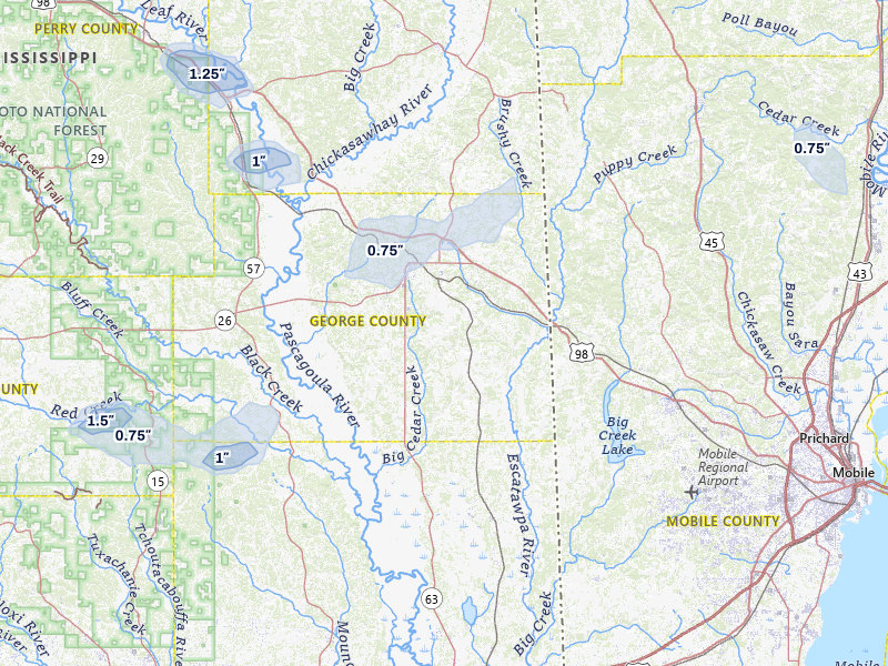 NEXRAD radar-signature map of the hail storm over Lucedale, MS on Jul 5, 2026