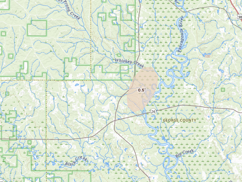 Radar-estimated hail-size map of the storm over Lucedale, MS on Aug 13, 2026