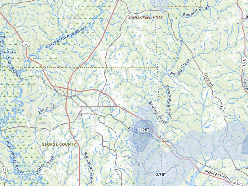 NEXRAD radar-signature map of the hail storm over Lucedale, MS on Aug 17, 2026