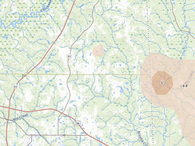 Radar-estimated hail-size map of the storm over Lucedale, MS on Aug 18, 2026