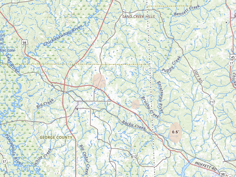 Radar-estimated hail-size map of the storm over Lucedale, MS on Aug 19, 2026