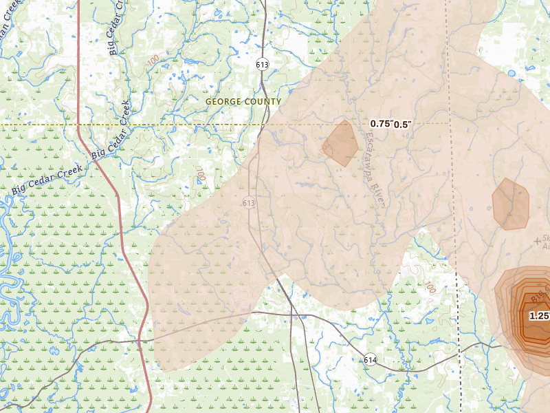 Radar-estimated hail-size map of the storm over Lucedale, MS on Aug 20, 2026