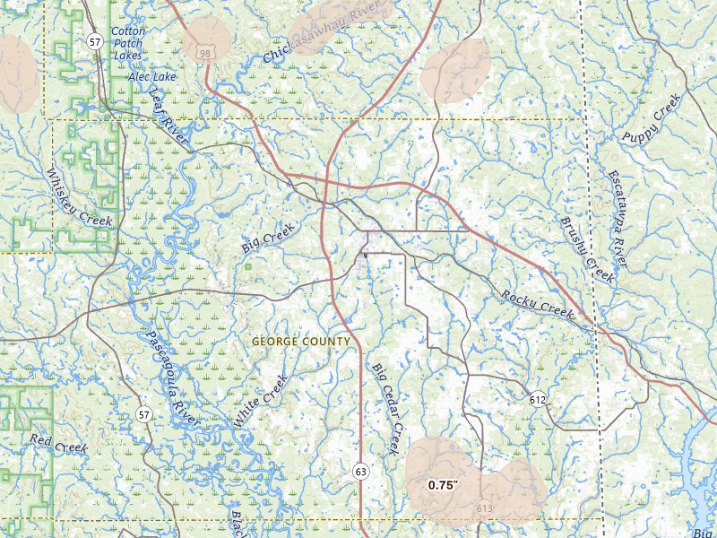 Radar-estimated hail-size map of the storm over Lucedale, MS on Aug 21, 2026