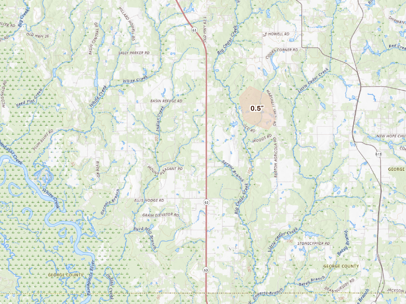 Radar-estimated hail-size map of the storm over Lucedale, MS