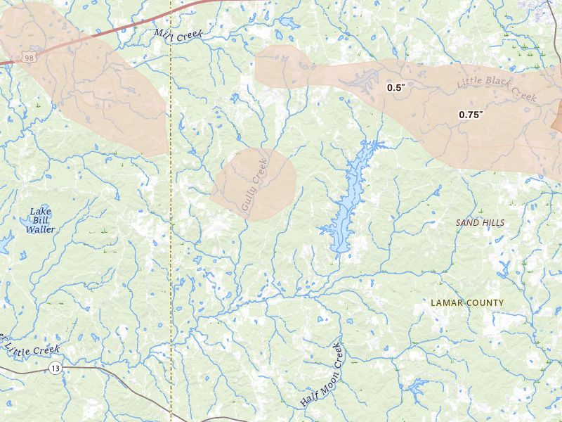 Radar-estimated hail-size map of the storm over Lumberton, MS on Apr 26, 2026