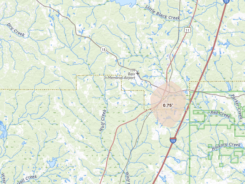 Radar-estimated hail-size map of the storm over Lumberton, MS on Aug 7, 2026
