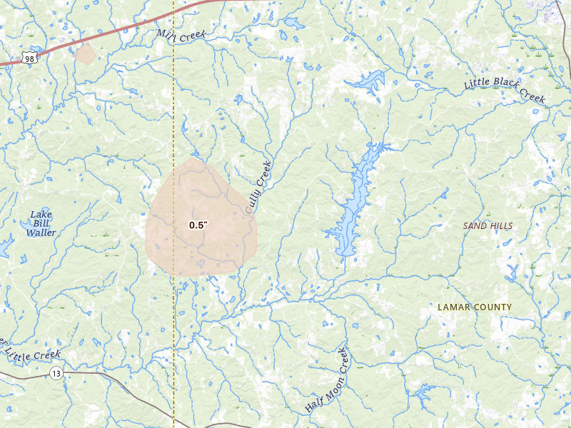 Radar-estimated hail-size map of the storm over Lumberton, MS on Aug 17, 2026