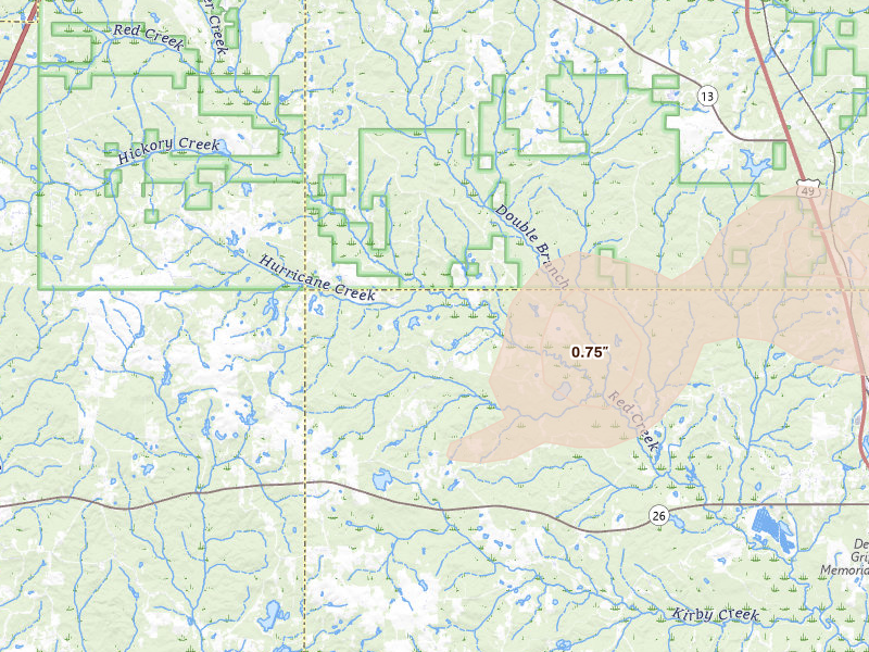 Radar-estimated hail-size map of the storm over Lumberton, MS on Aug 20, 2026
