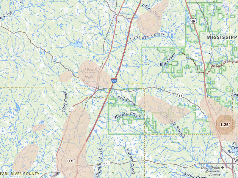 Radar-estimated hail-size map of the storm over Lumberton, MS on Aug 21, 2026