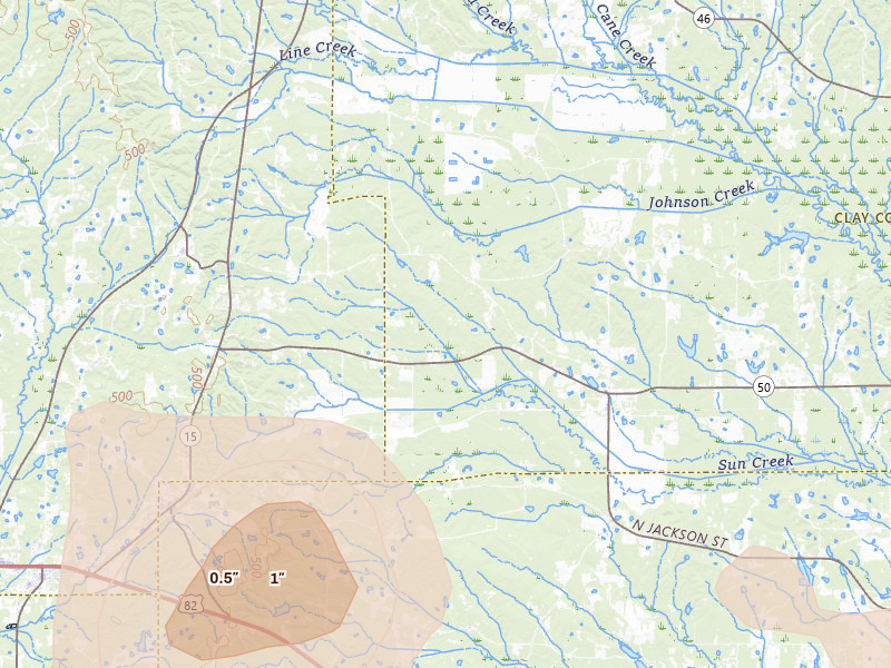 Radar-estimated hail-size map of the storm over Maben, MS on Jul 1, 2026