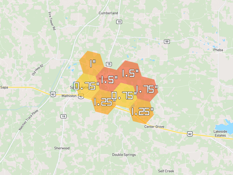 Hail map of Maben, MS on Jul 1, 2026, hail up to 1.75"