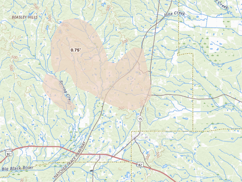 Radar-estimated hail-size map of the storm over Maben, MS on Aug 19, 2026
