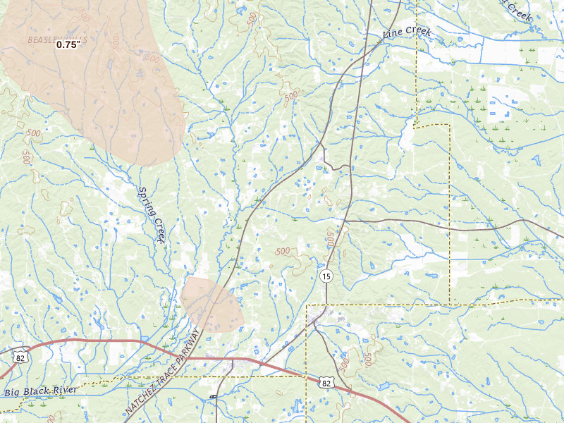 Radar-estimated hail-size map of the storm over Maben, MS on Aug 20, 2026
