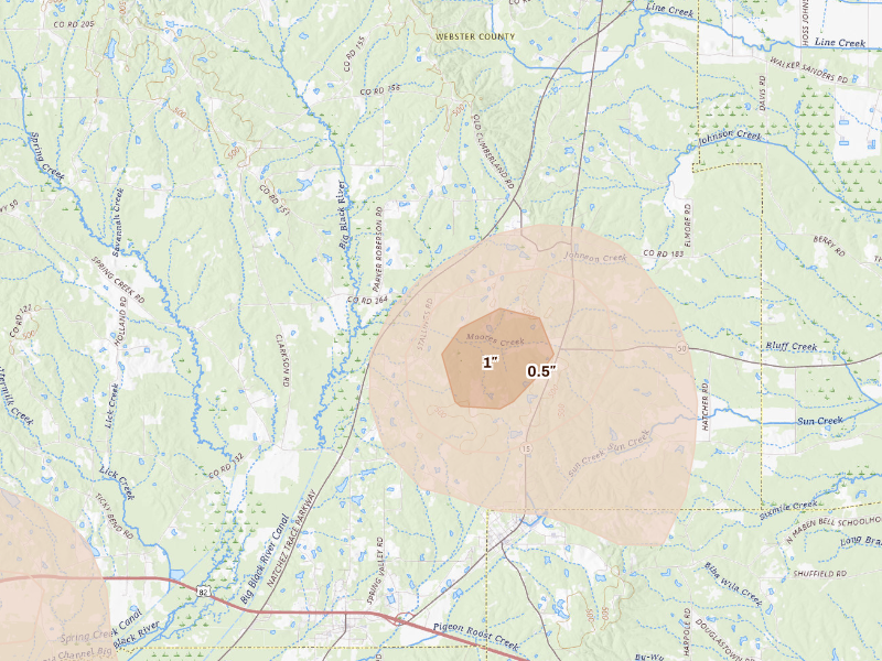 Radar-estimated hail-size map of the storm over Maben, MS