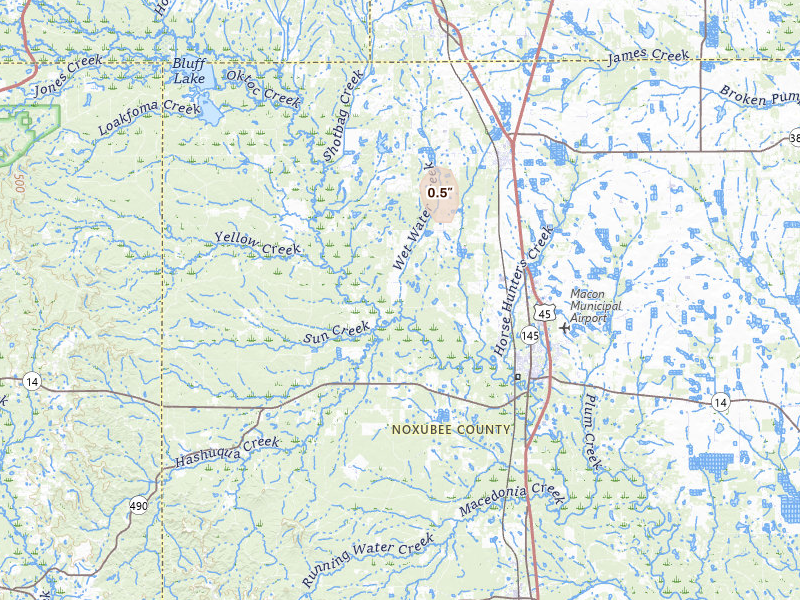 Radar-estimated hail-size map of the storm over Macon, MS on Mar 7, 2026