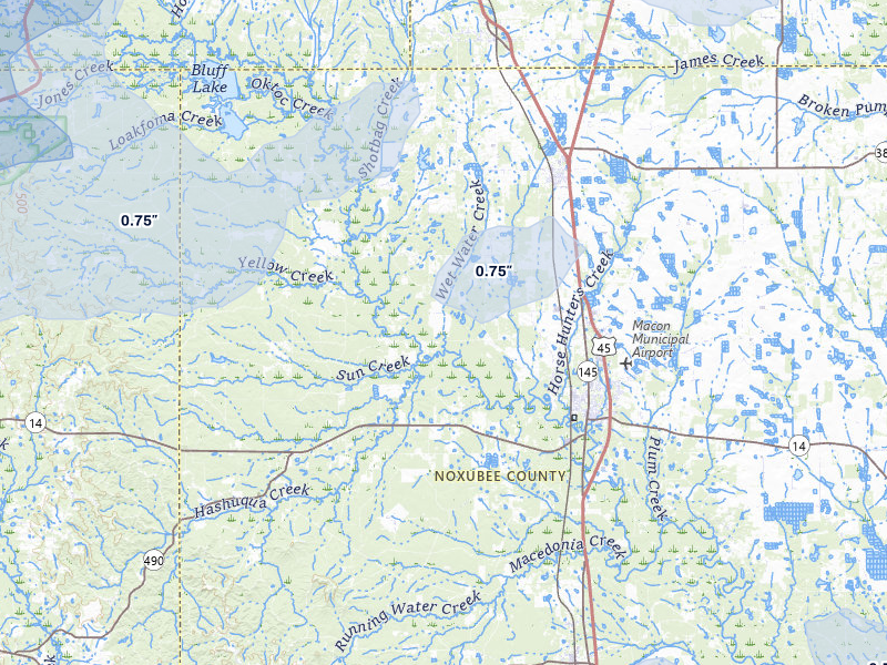 NEXRAD radar-signature map of the hail storm over Macon, MS on Apr 28, 2026