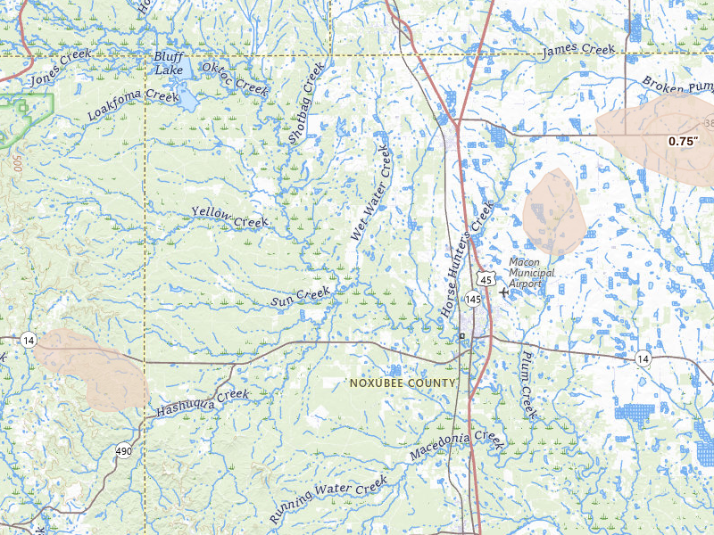 Radar-estimated hail-size map of the storm over Macon, MS on Jun 1, 2026