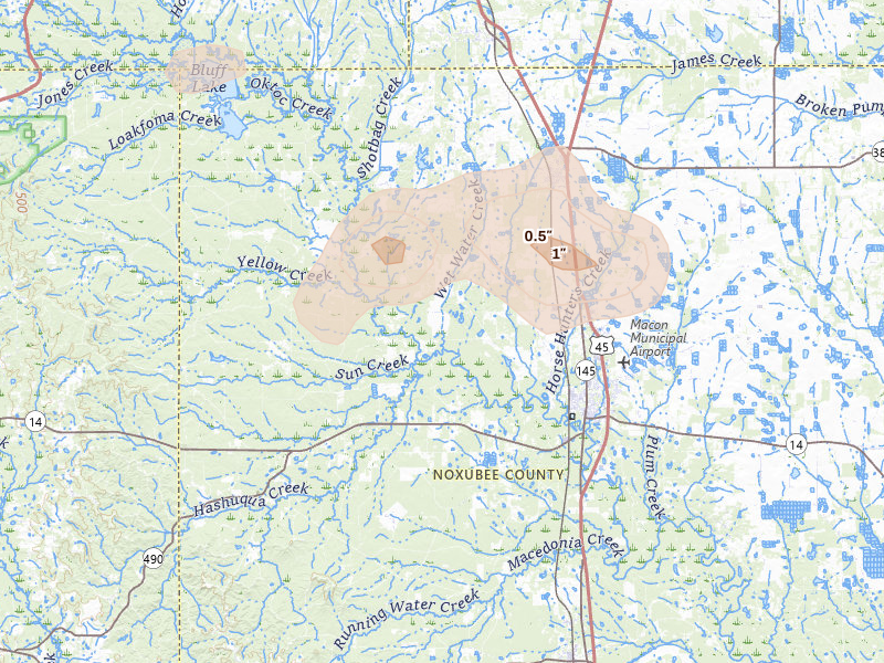 Radar-estimated hail-size map of the storm over Macon, MS on Jul 1, 2026