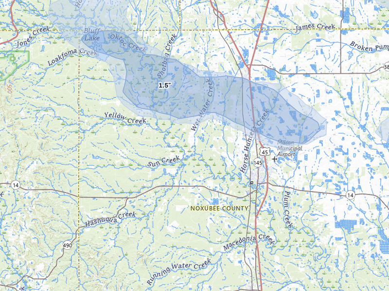 NEXRAD radar-signature map of the hail storm over Macon, MS on Jul 1, 2026