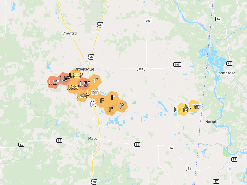 Hail map of Macon, MS on Jul 1, 2026, hail up to 1.5"