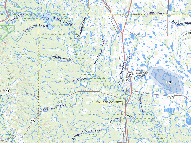 NEXRAD radar-signature map of the hail over Macon, MS