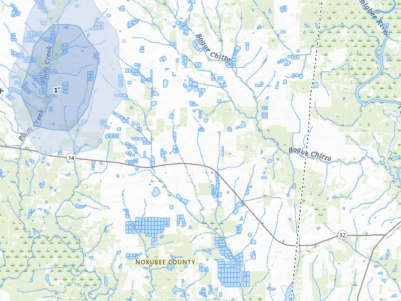 NEXRAD radar-signature map of the hail storm over Macon, MS on Aug 8, 2026