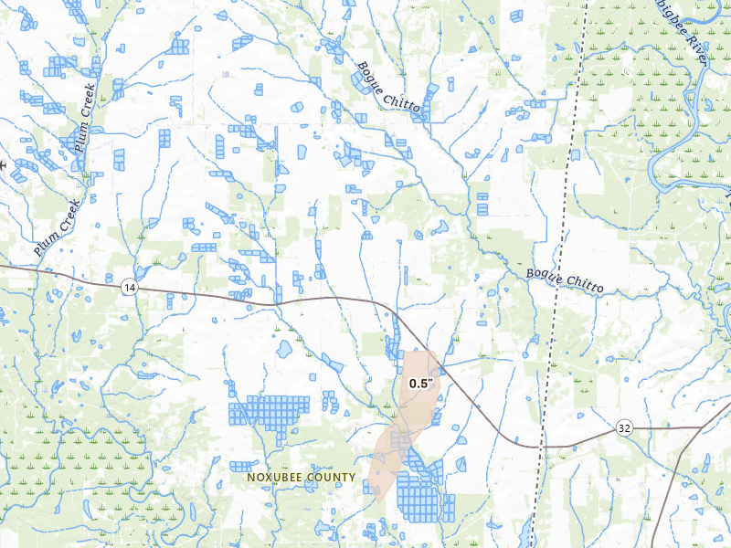 Radar-estimated hail-size map of the storm over Macon, MS on Aug 9, 2026