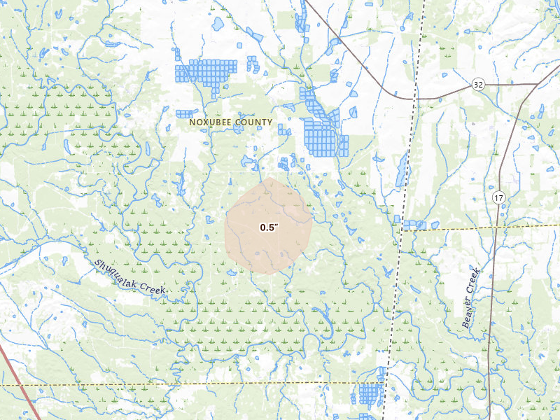 Radar-estimated hail-size map of the storm over Macon, MS on Aug 10, 2026